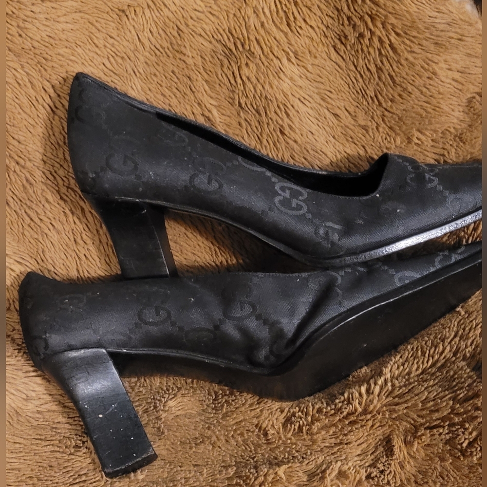 Gucci WOMEN CLOTH LEATHER BLACK CHUNKY Black Heels AUTHENTIC - Picture 6 of 13